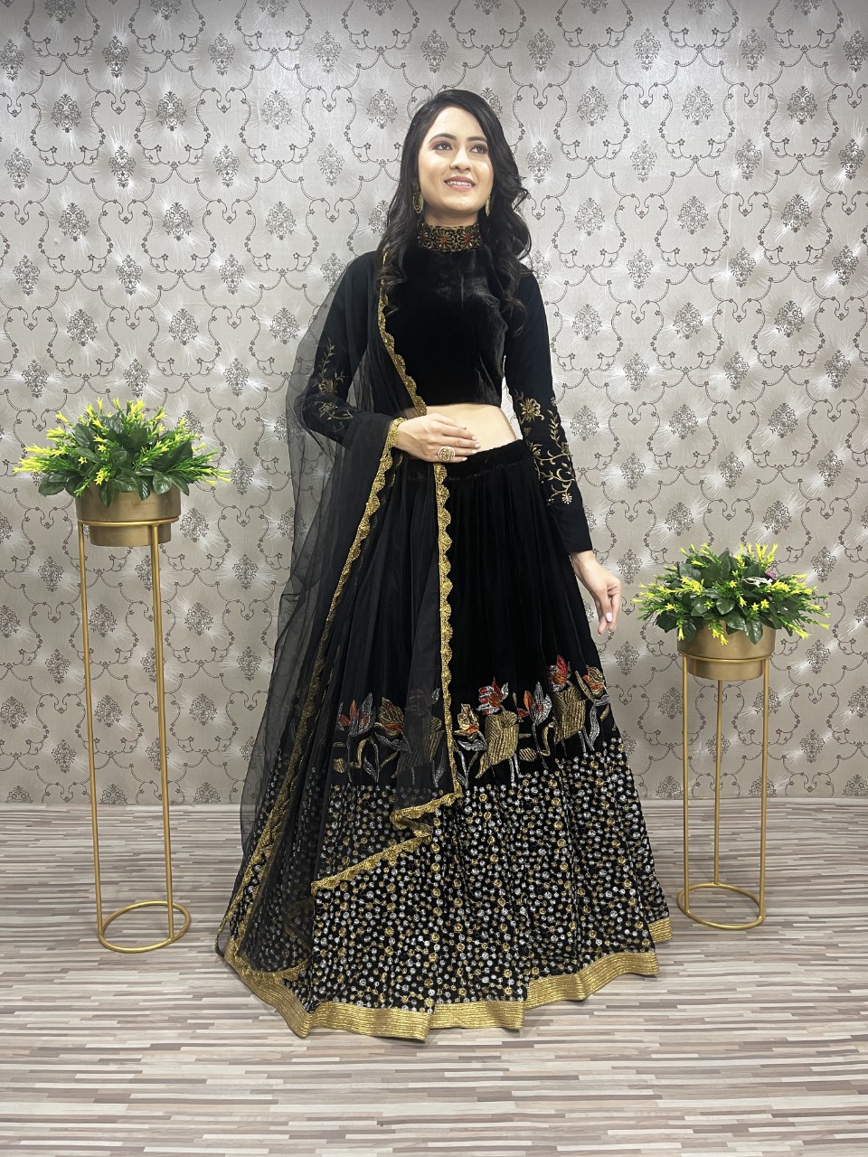 Black Color Velvet With Fancy Embroidery Work Designer Lehenga Choli