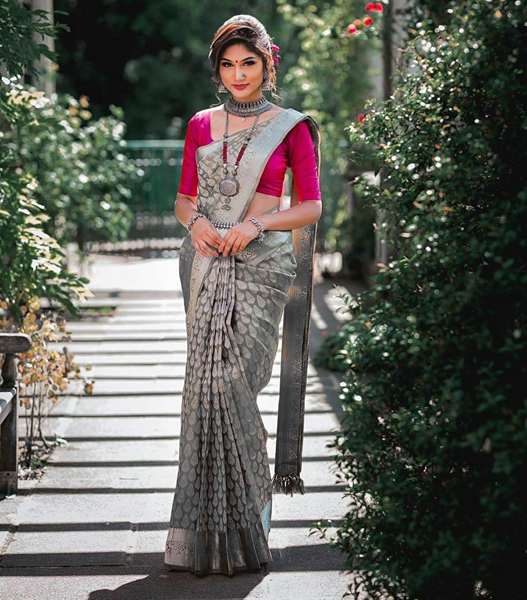 Mf 22 Grey Color Lichi Silk With Fancy Work Saree Collection At Wholesale Rate