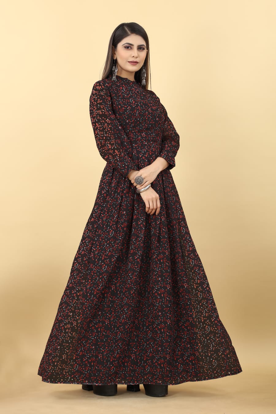 Brown Color Balck Flower Georgette With Fancy Wester Style Gown Collection