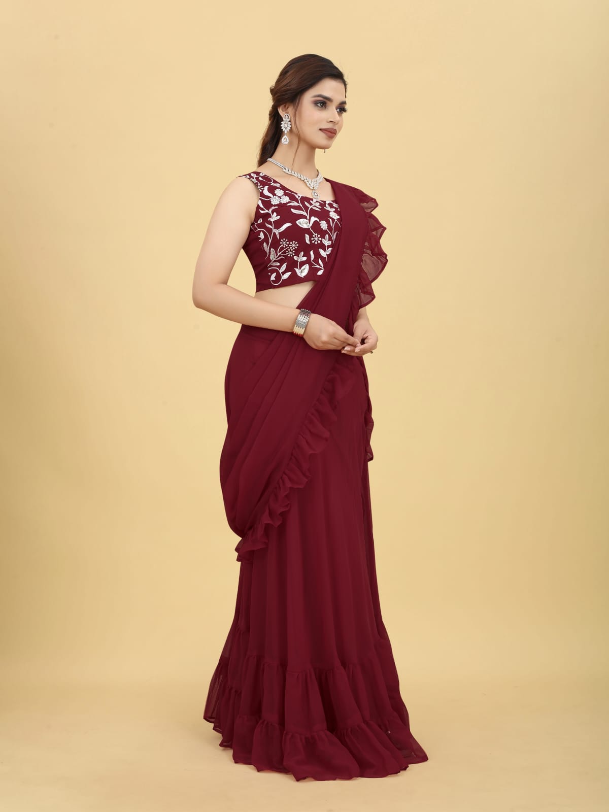 Maroon Georgette Ready to wear saree - Featured Product