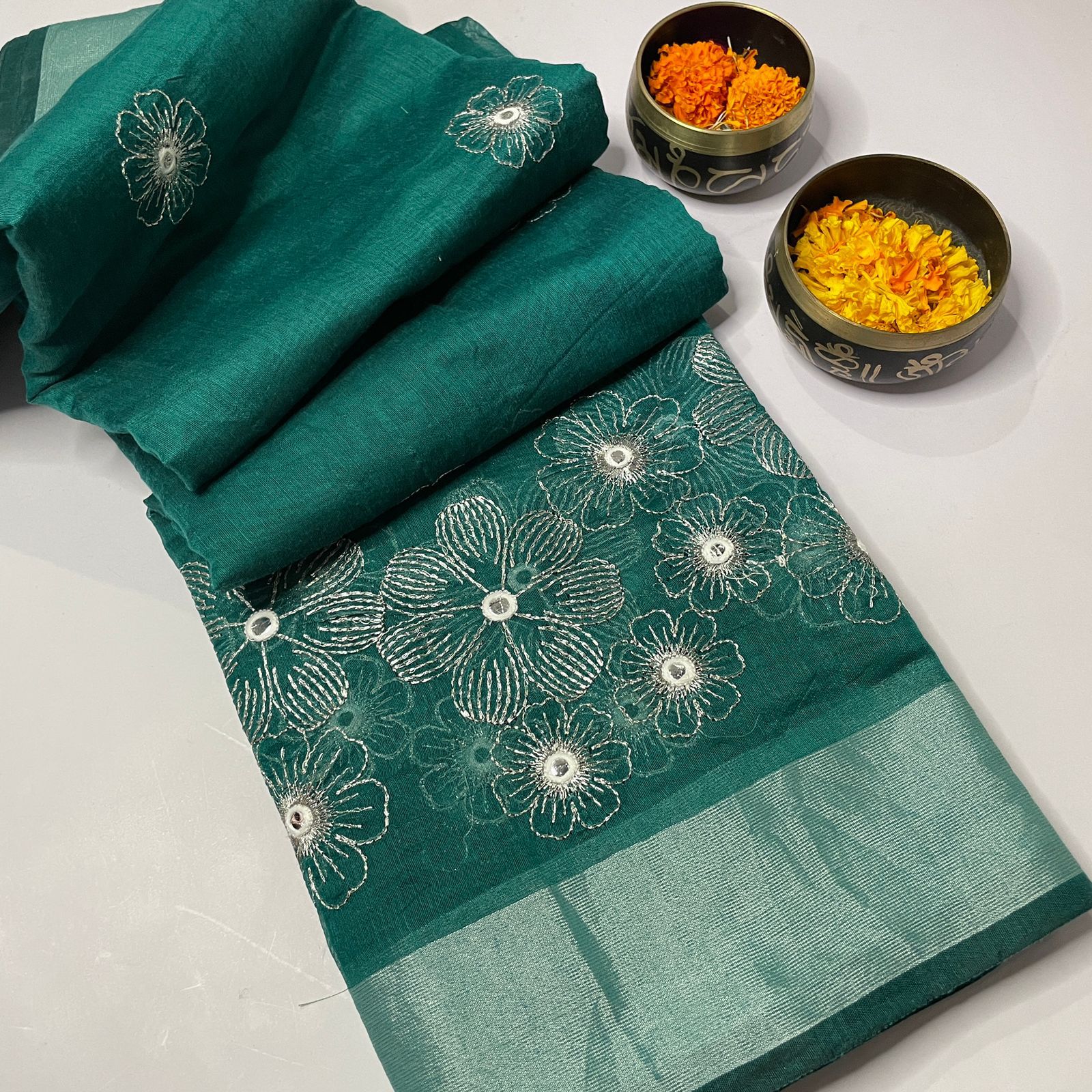 Soft Linen With Mirror Work Fancy Saree Collection At Wholesale Rate