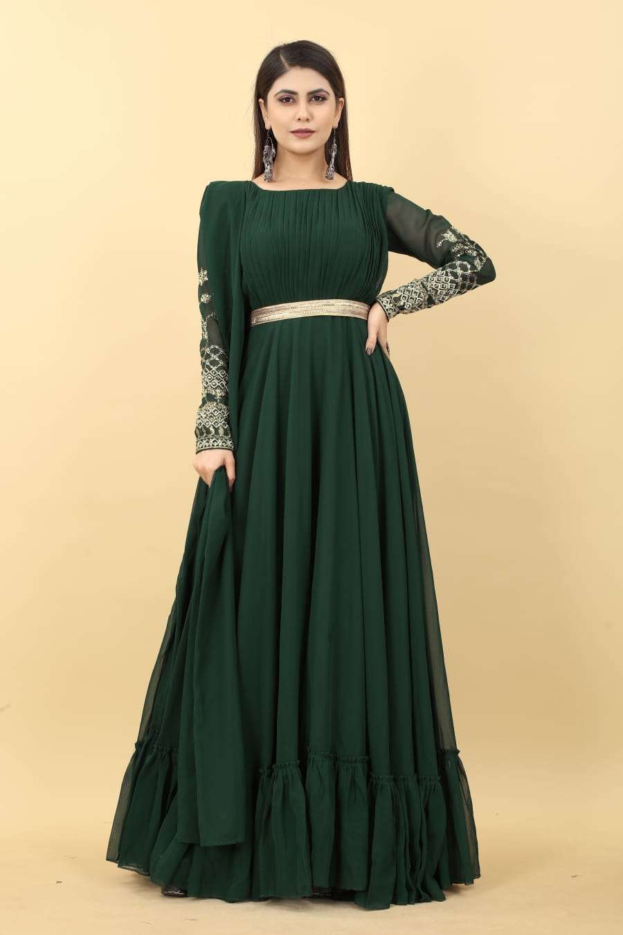 Dark Green color Georgette with fancy designer party wear Gown