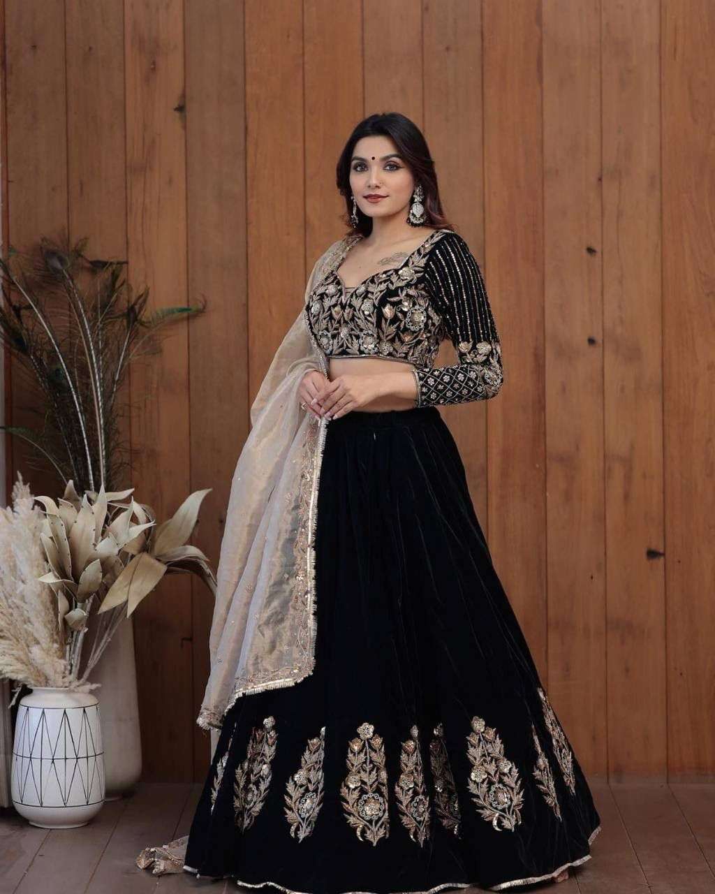 Black color Velvet with Multi Embroidery work lehenga choli collection