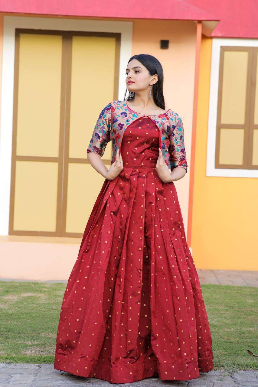 Mehndi Color Patola Paithani Printed And Foil Printed Dola Silk Dress –  Yana Fab
