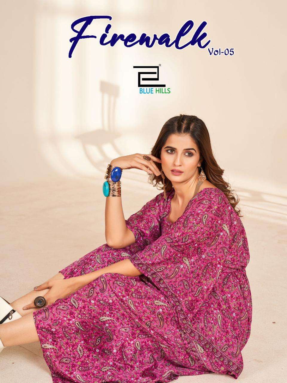 BLue Hills FIRE WALK vol 5 Crepe with digital Printed Fancy Kaftan Style Kurti collection at best rate