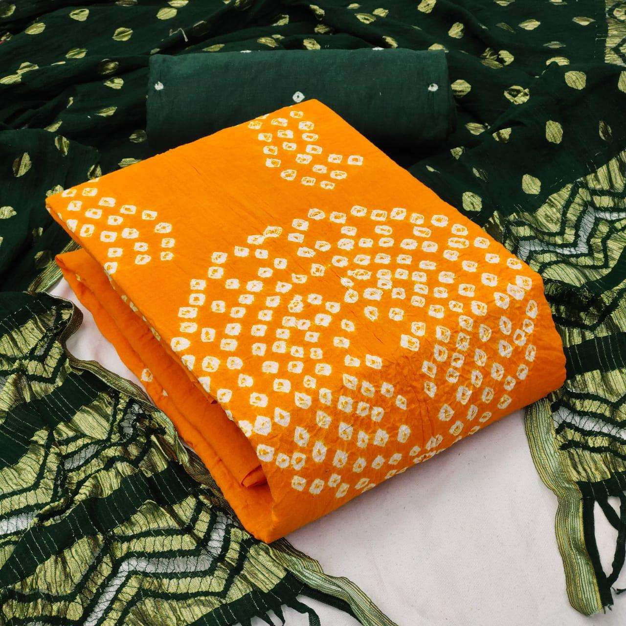 Yellow-Orange Cotton Bandhani Dress Material | KaLa Bandhej
