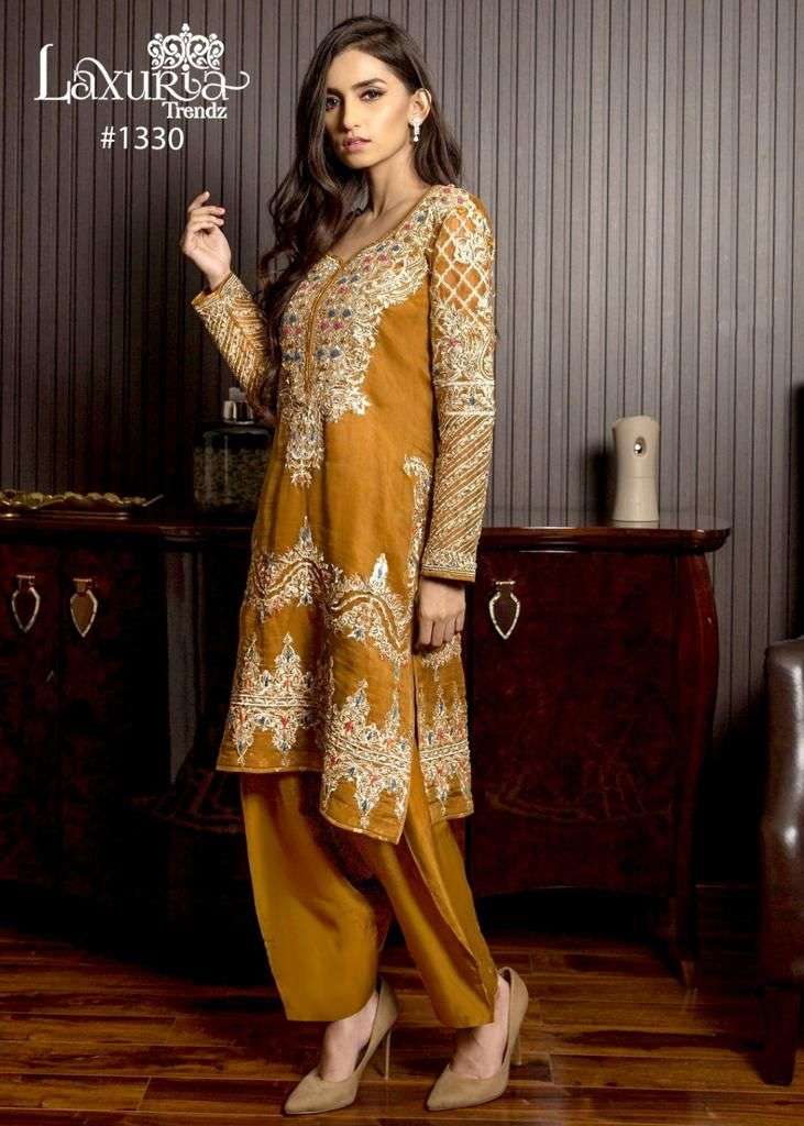 Laxuria Trendz 1330 velvet with Embroidery work Musterd Yellow collection at best rate