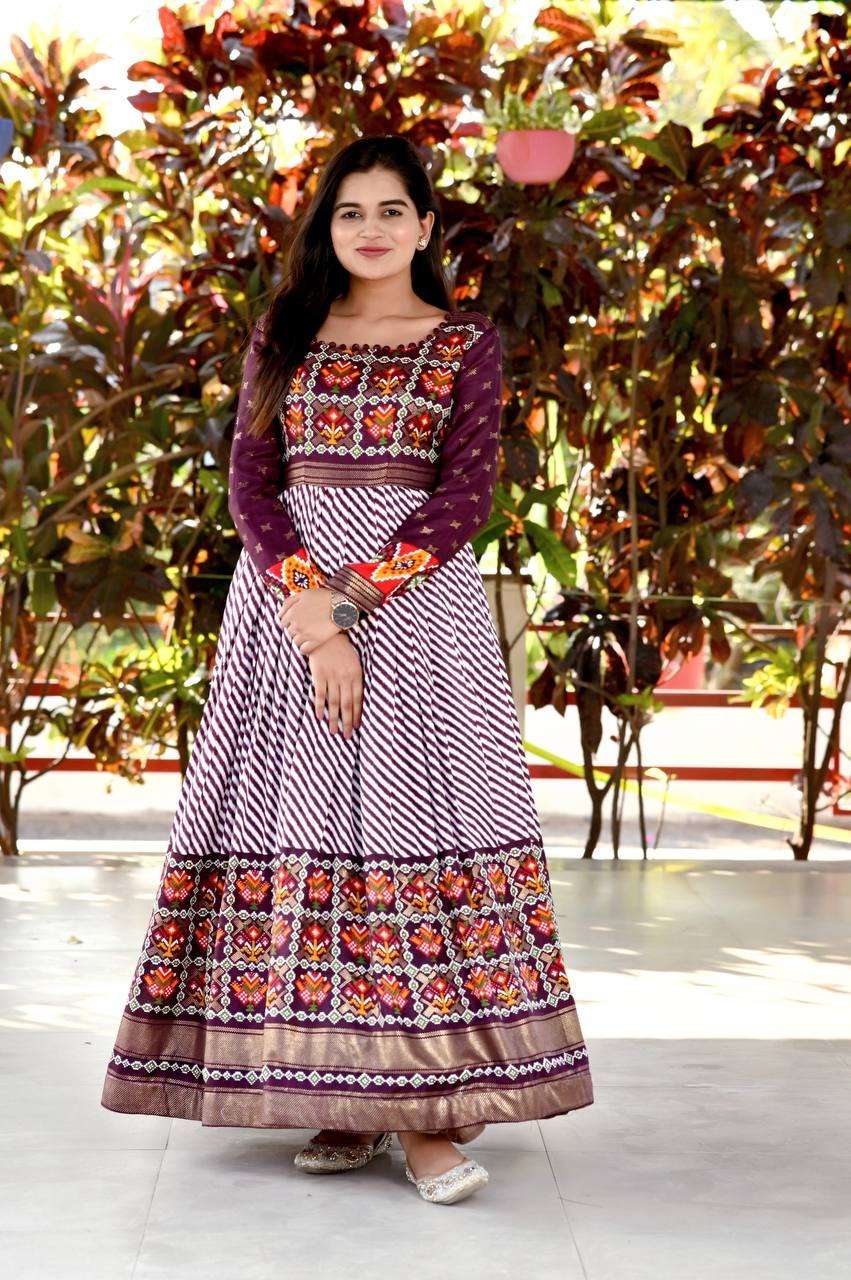 Patola Printed With Pashmina Fabrics Long Gown Collection at best rate