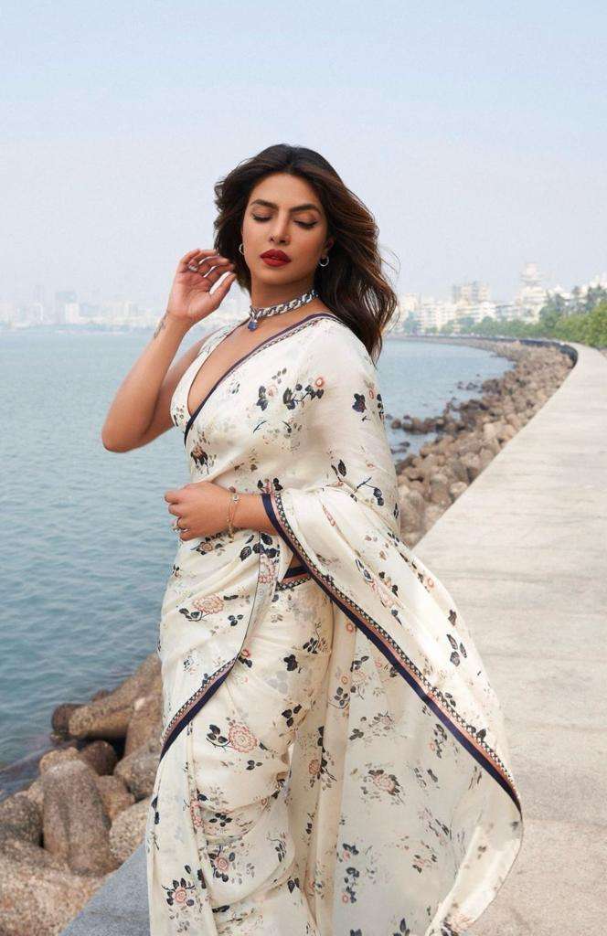 Priyanka Chopra style Japan Satin with printed white colour saree collection at best rate