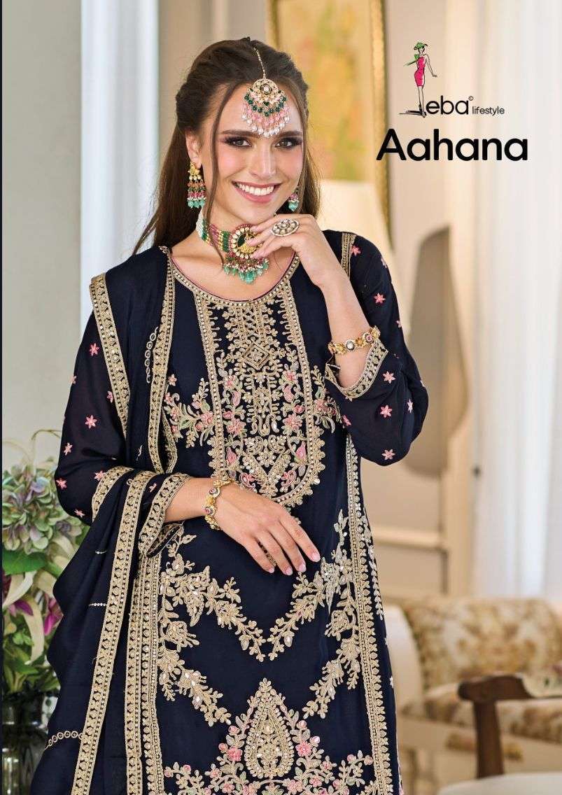 eba lifestyle aahana chinon with embroidery work doti style readymade suits collection at best rate