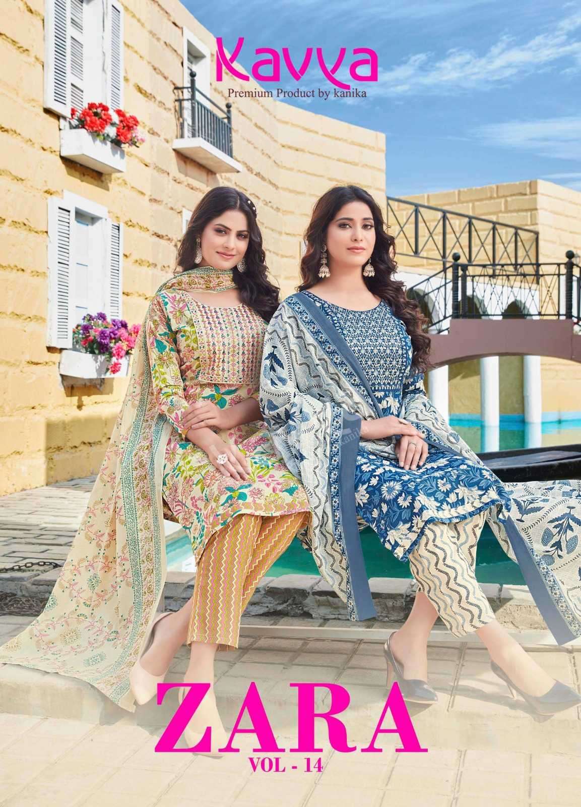 kavya zara vol 14 COTTON CAMBRIC WITH PRINTED READY TO WEAR SUMMER SPECIAL SUITS COLLECTION AT BEST RATE