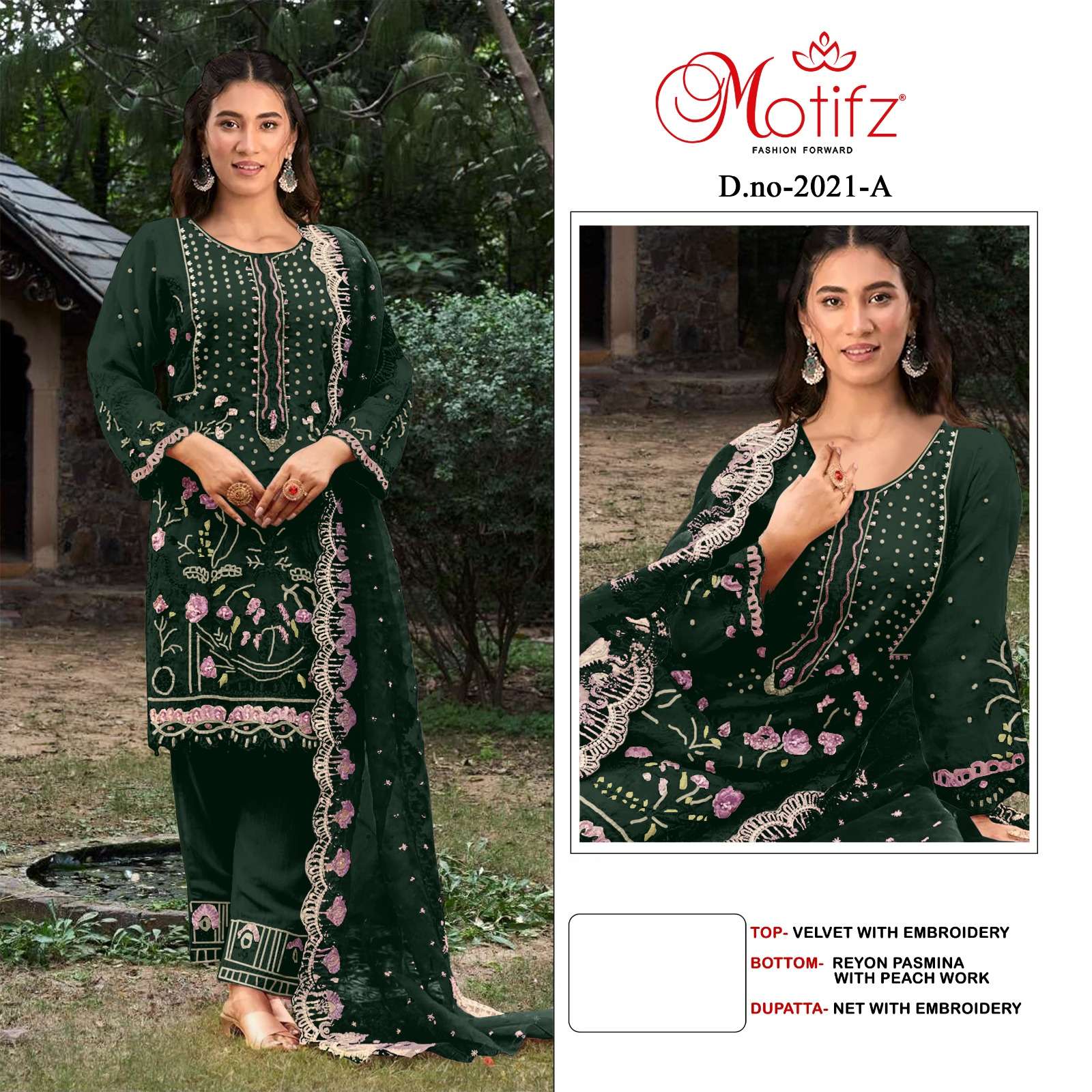 Motifz 2021 Velvet with embroidery work Green colour rich look pakistani salwar kameez collection at best rate