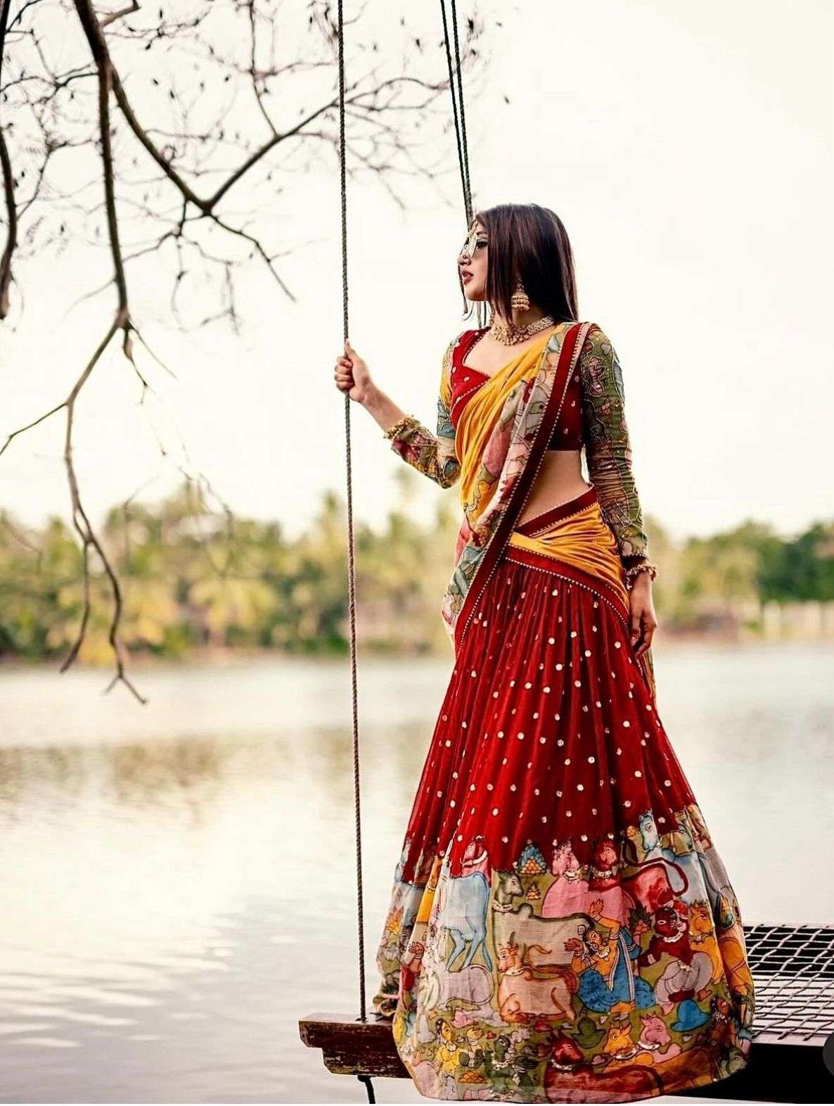 RED COLOUR FULLY STICH GEORGETTE WITH KALAMKARI PRINTED DESIGNER LEHENGA CHOLI COLLECTION