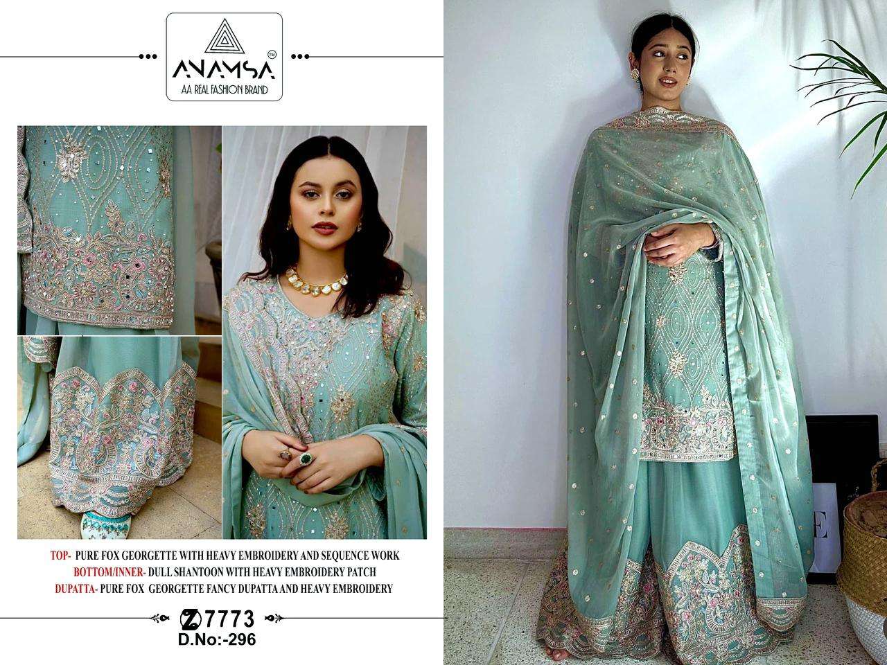 Anamsa 296 georgette with embroidery work sky blue shades pakistani salwar kameez collection at best wholesale rate 
