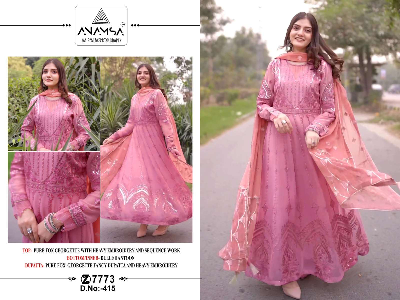 Anamsa 415 georgette with embroidery work pink colour pakistani salwar kameez collection at best rate
