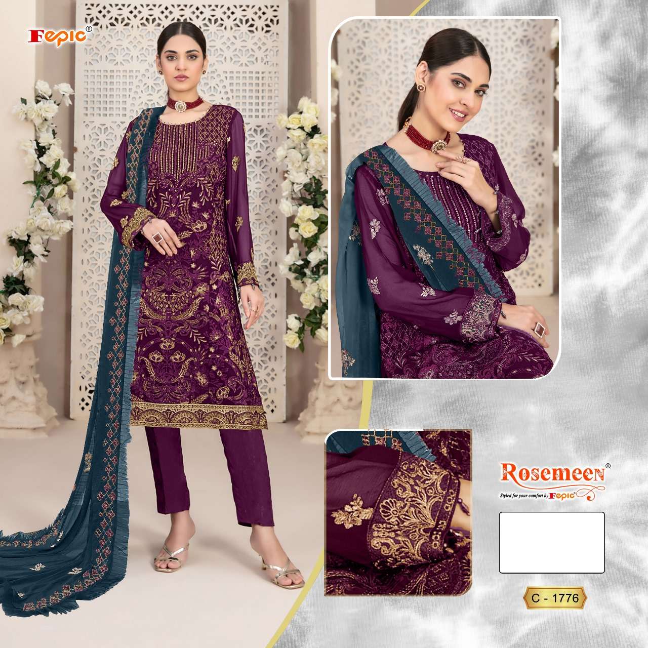 fepic rosemeen c 1776 georgette with embroidery work pakistani salwar Kameez collection at best rate