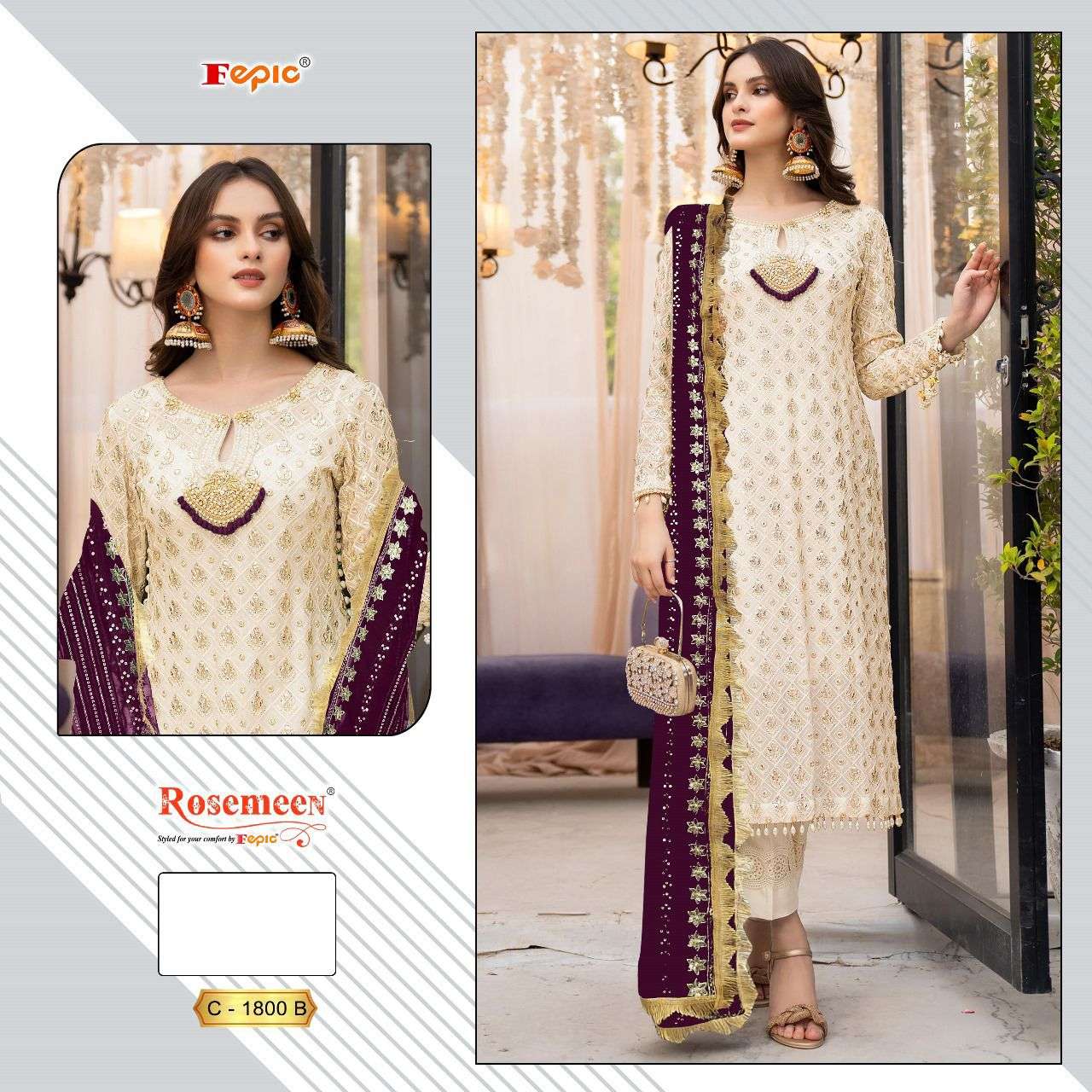 FEPIC ROSEMEEN C 1800 GEORGETTE WITH EMBROIDERY WORK WHITE COLOUR PAKISTANI SALWAR KAMEEZ COLLECTION AT BEST RATE