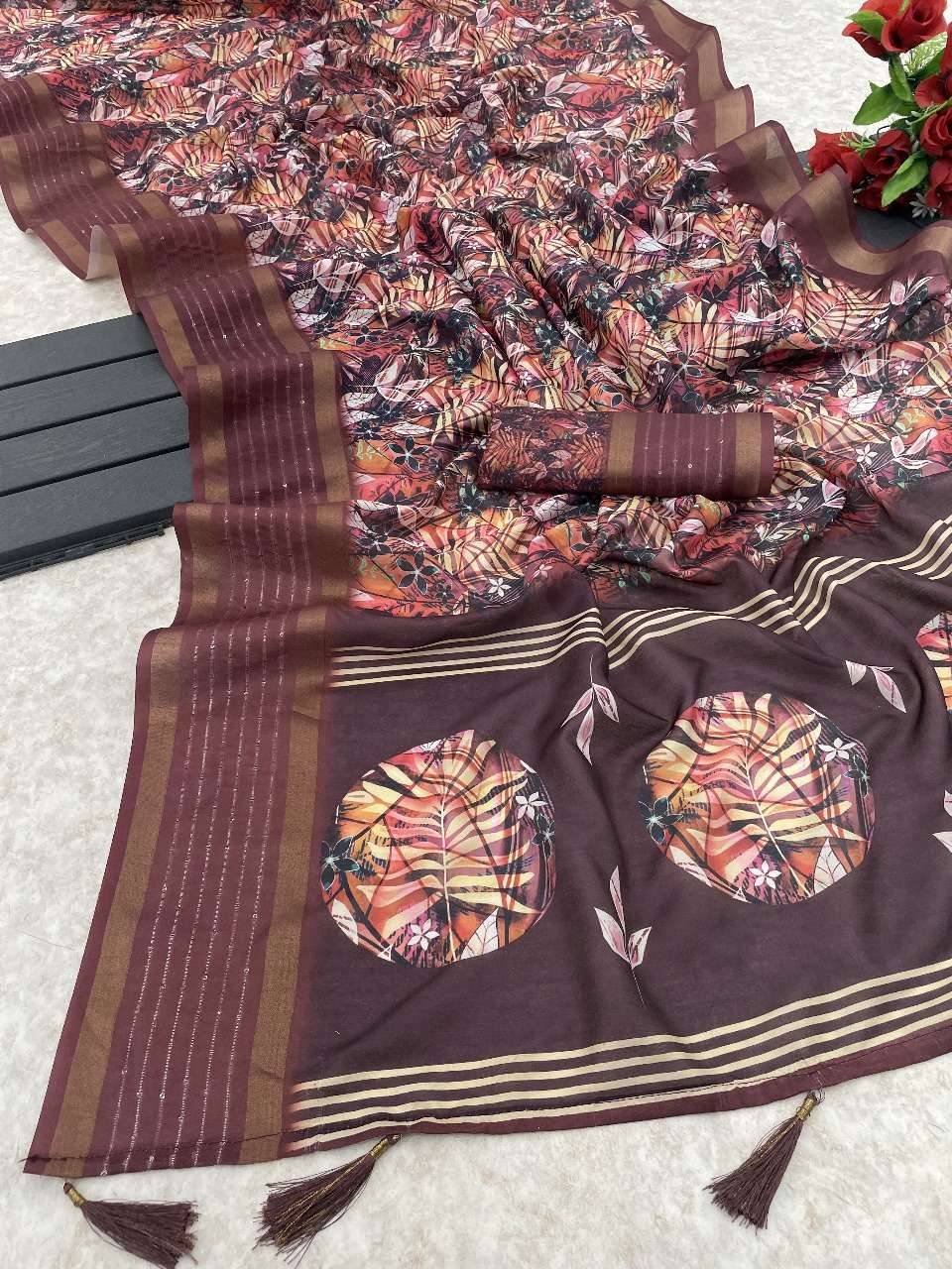 flower printed silk with sequence work border fancy look saree collection at best rate