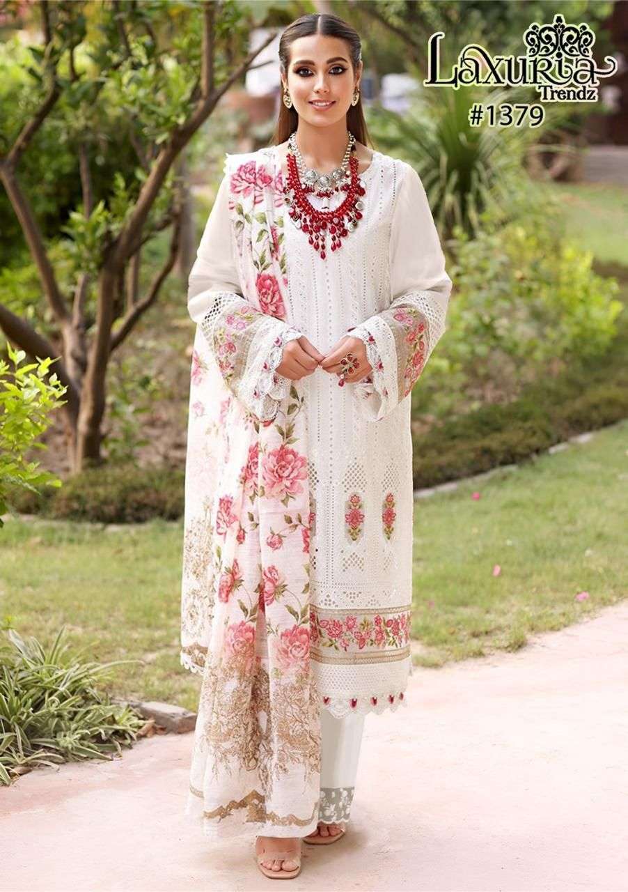 LAXURIA 1379 Georgette with embroidery work white colour readymade pakistani suits collection at best rate