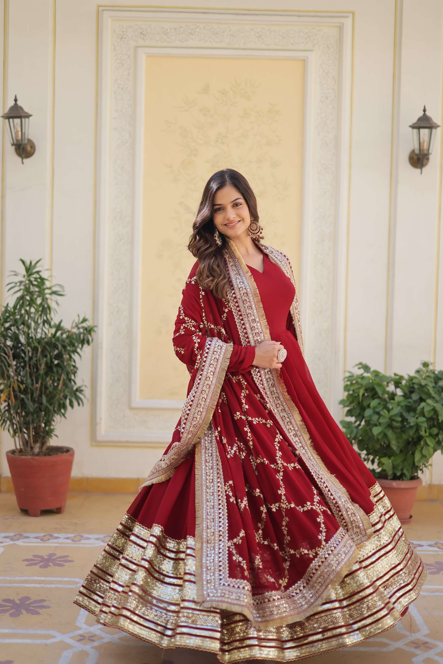 TRADITIONAL RED COLOUR  Faux Blooming with Embroidery Zari Sequins-work LONG ANARKALI STYLE FESTIVAL SPECIAL READYMADE SUITS COLLECITON AT BEST RATE
