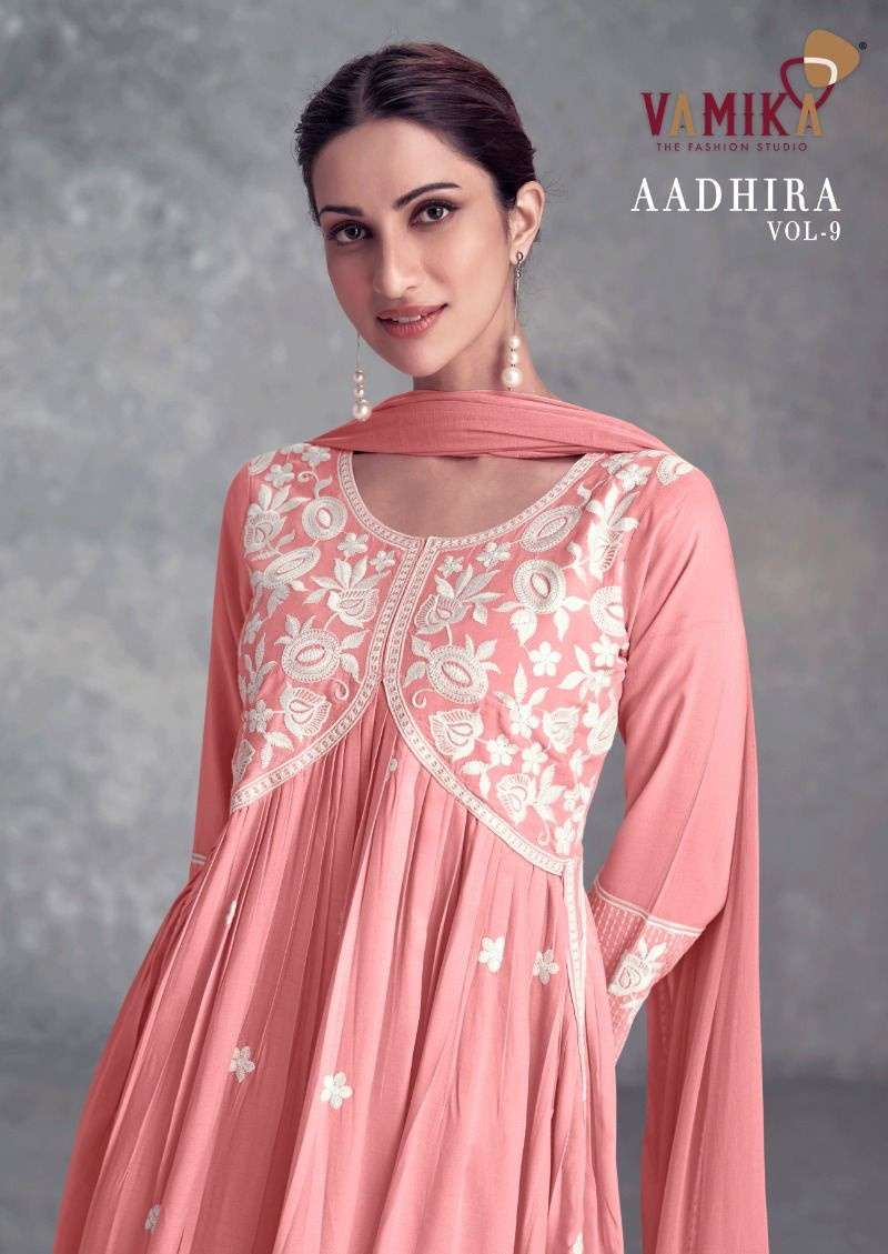 VAMIKA AADHIRA VOL 9 RAYON WITH EMBROIDERY WORK NAIRA CUT READYMADE SUITS COLLECTION AT BEST WHOLESALE RATE