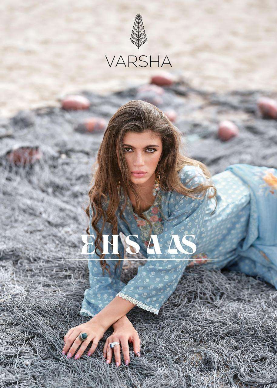 Varsha Ehsaas Printed viscose muslin silk with fancy look dress material collection at best rate 