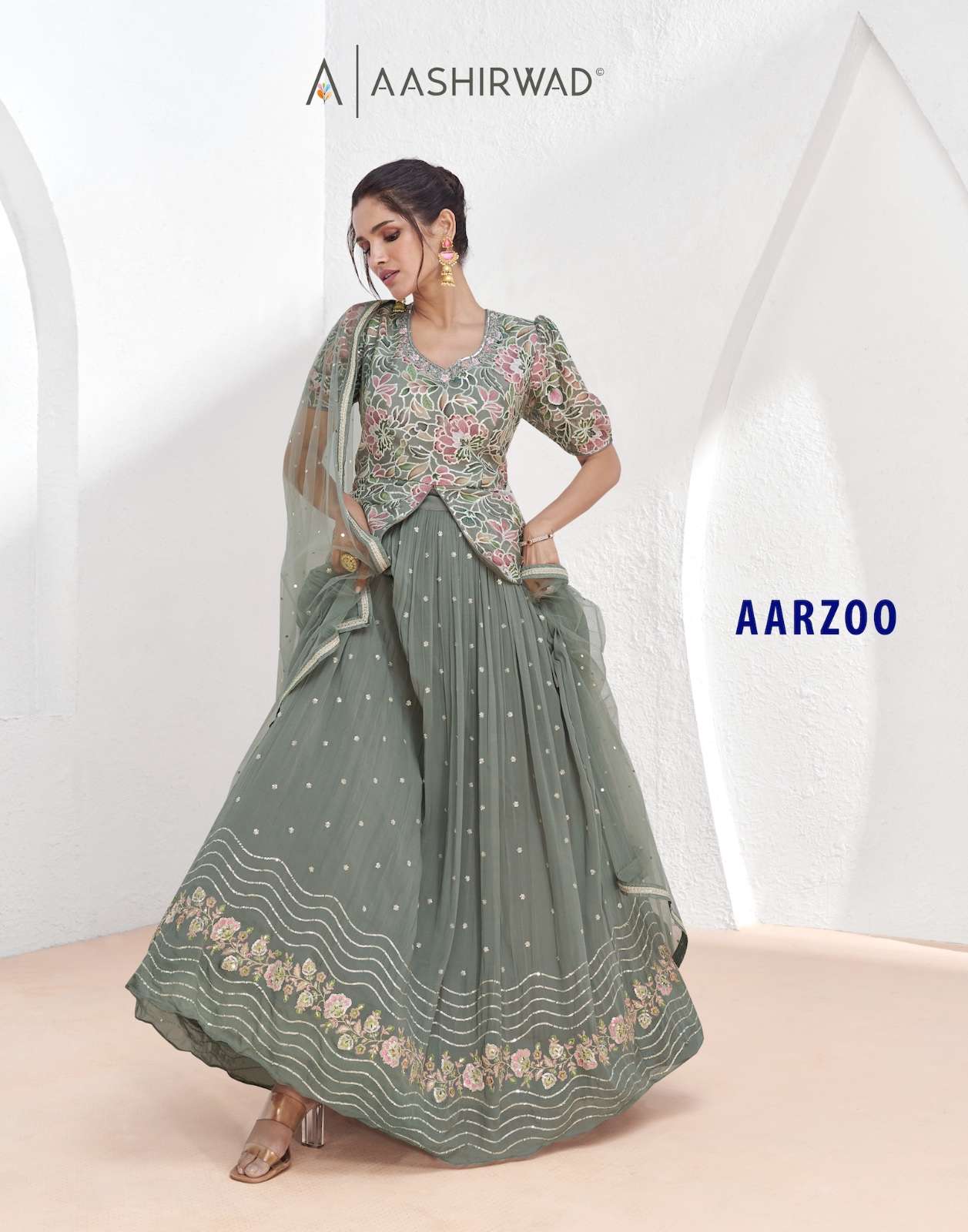 AASHIRWAD CREATION AARZOO GEORGETTE WITH EMBROIDERY WORK PARTY WEAR LOOK READYMADE SUITS COLLECTION AT BEST RATE