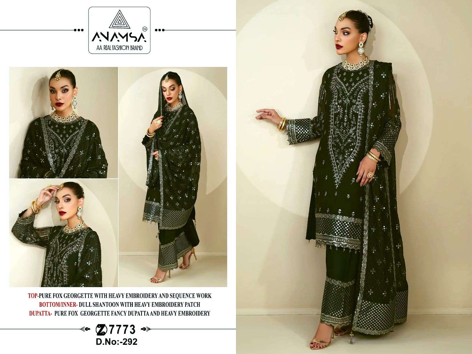 ANAMSA 292 GEORGETTE WITH EMBROIDERY WORK GREEN COLOUR PAKISTANI SUITS COLLECTION AT BEST RATE