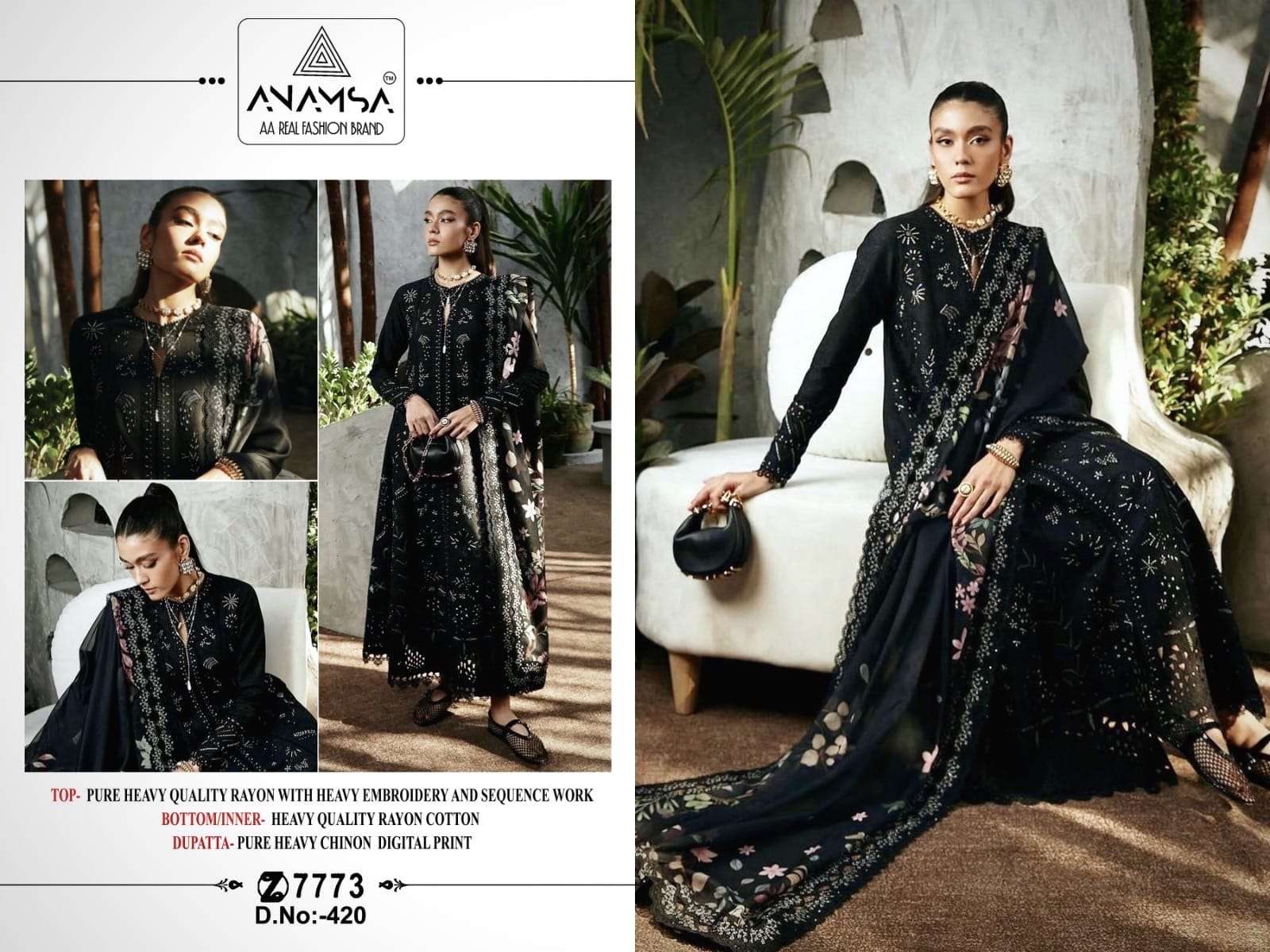 ANAMSA 420 RAYON COTTON WITH EMBROIDERY WORK BLACK COLOUR PAKISTANI SUITS COLLECTION AT BEST RATE