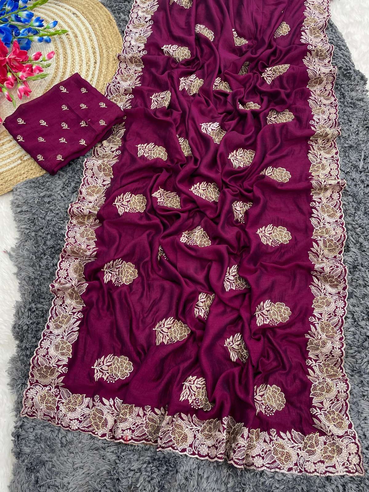 BLOOMING VICHITRA SILK ZARI WITH STONE WORK PARTY WEAR SAREE COLLECTION AT BEST RATE