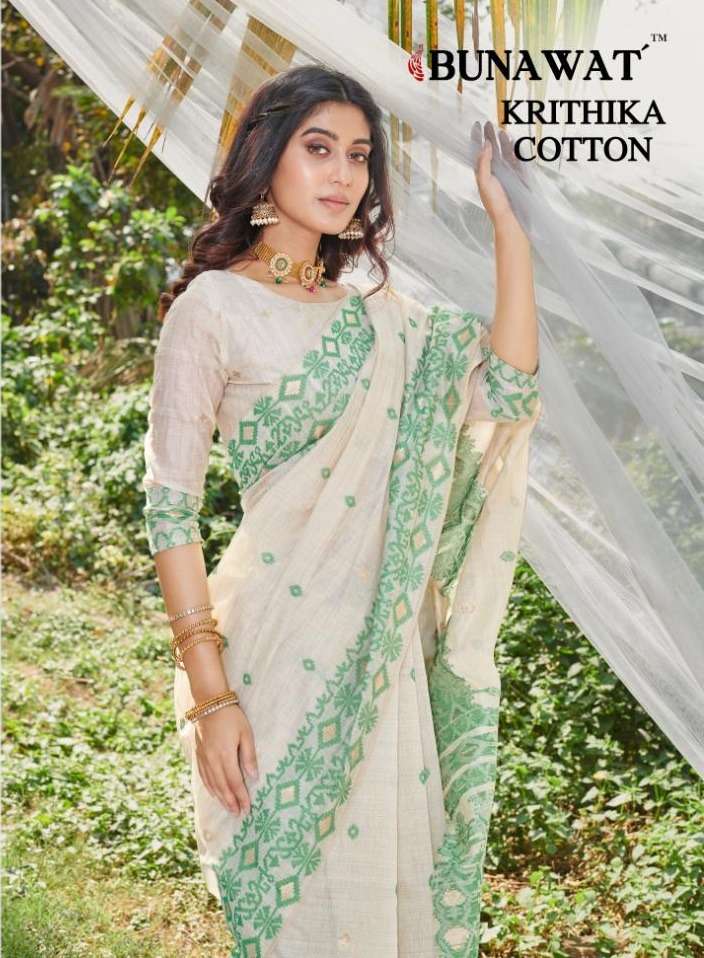 BUNAWAT KRITHIKA COTTON WITH PRINTED FANCY SUMMER SPECIAL WHITE COLOUR SAREE COLLECTION AT BEST RATE
