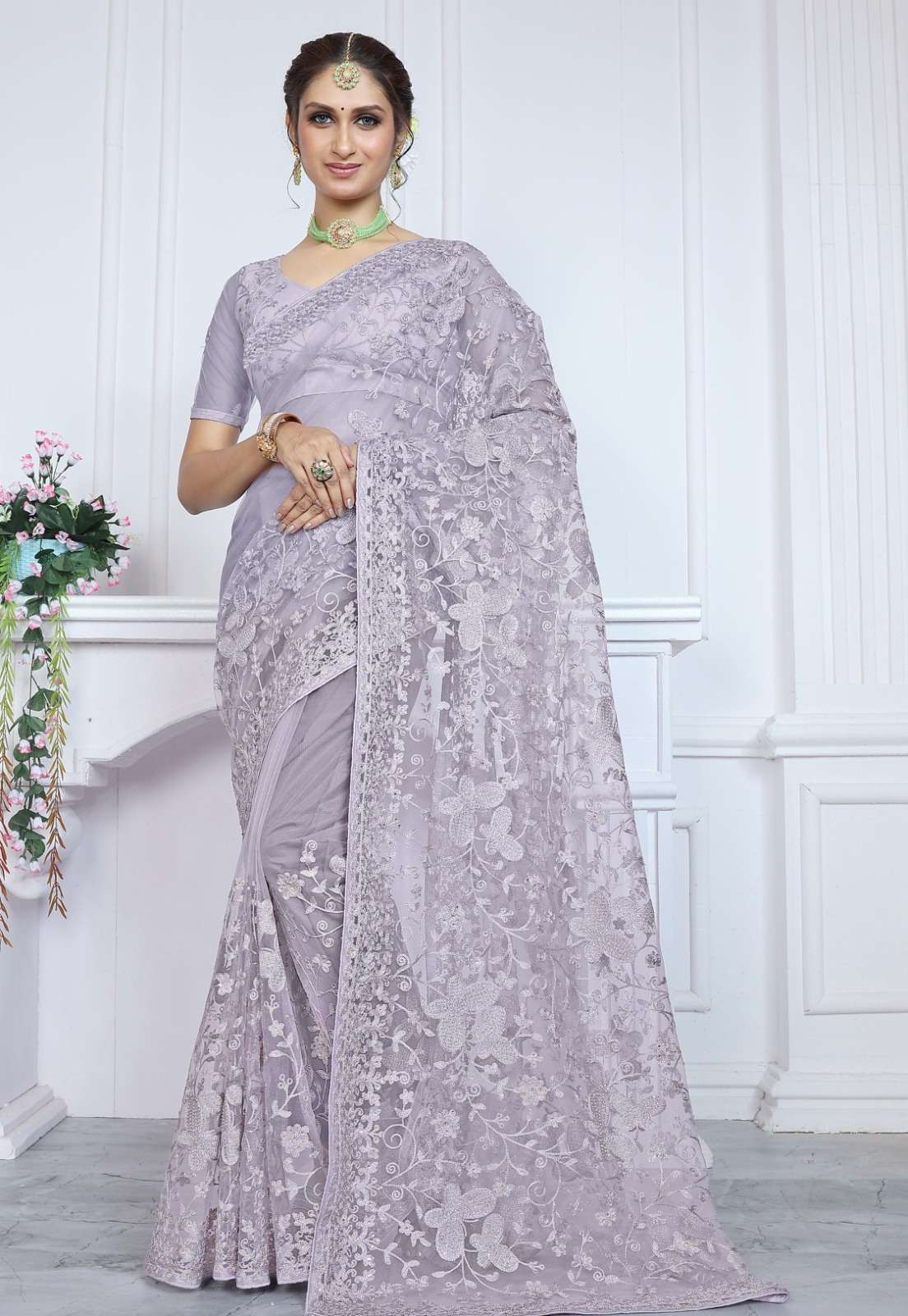 BUTTER FLY NET WITH CHIKANKARI EMBROIDERY WORK WITH STONE WORK PARTY WEAR SAREE COLLECTION AT BEST WHOLESALE RATE