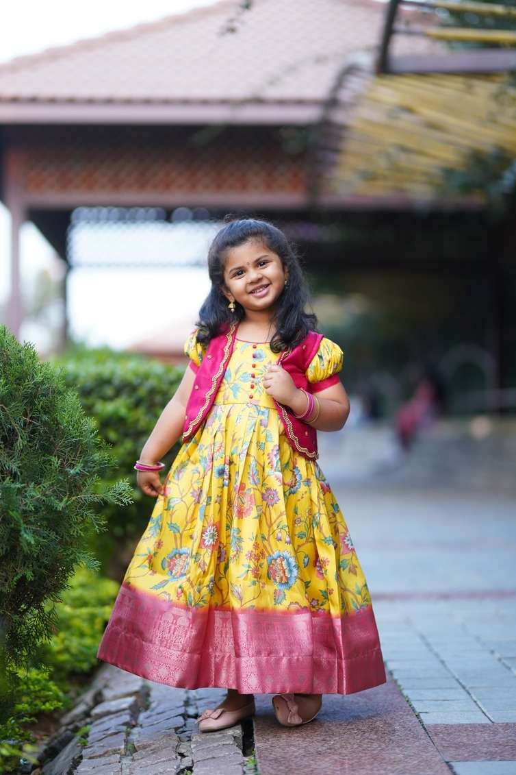 Handloom-Silk with Kalamkari Print & Beautiful Golden Weaving KIDS GOWN COLLECTION 