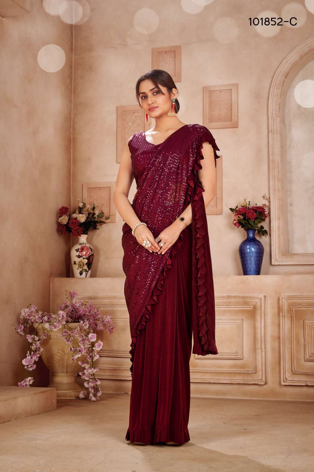 IMPORTED FABRICS WITH SEQUENCE WORK READY TO WEAR SAREE COLLECTION 101852