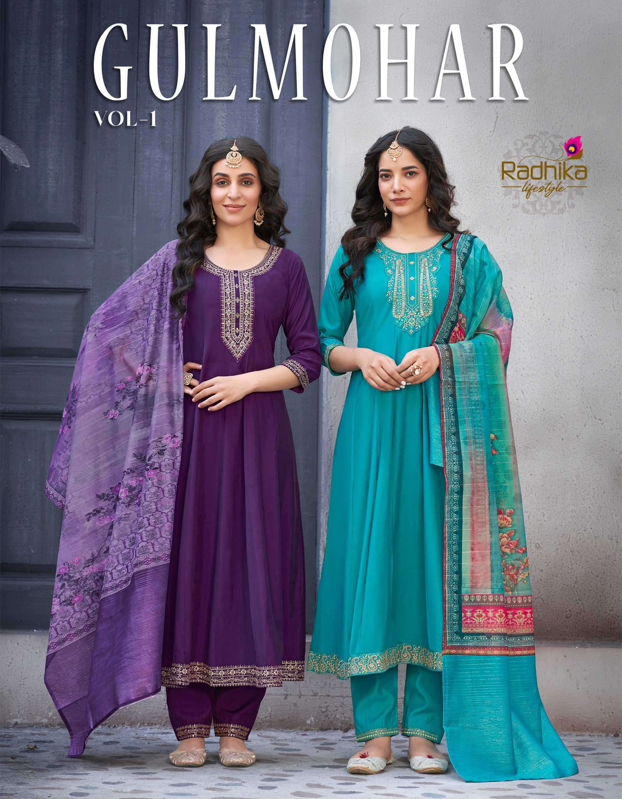 Radhika Lifestyle Gulmohar Vol 1 ROMAN SILK WITH DESIGNER ANARKALI STYLE READYMADE SUITS COLLECTION AT BEST RATE