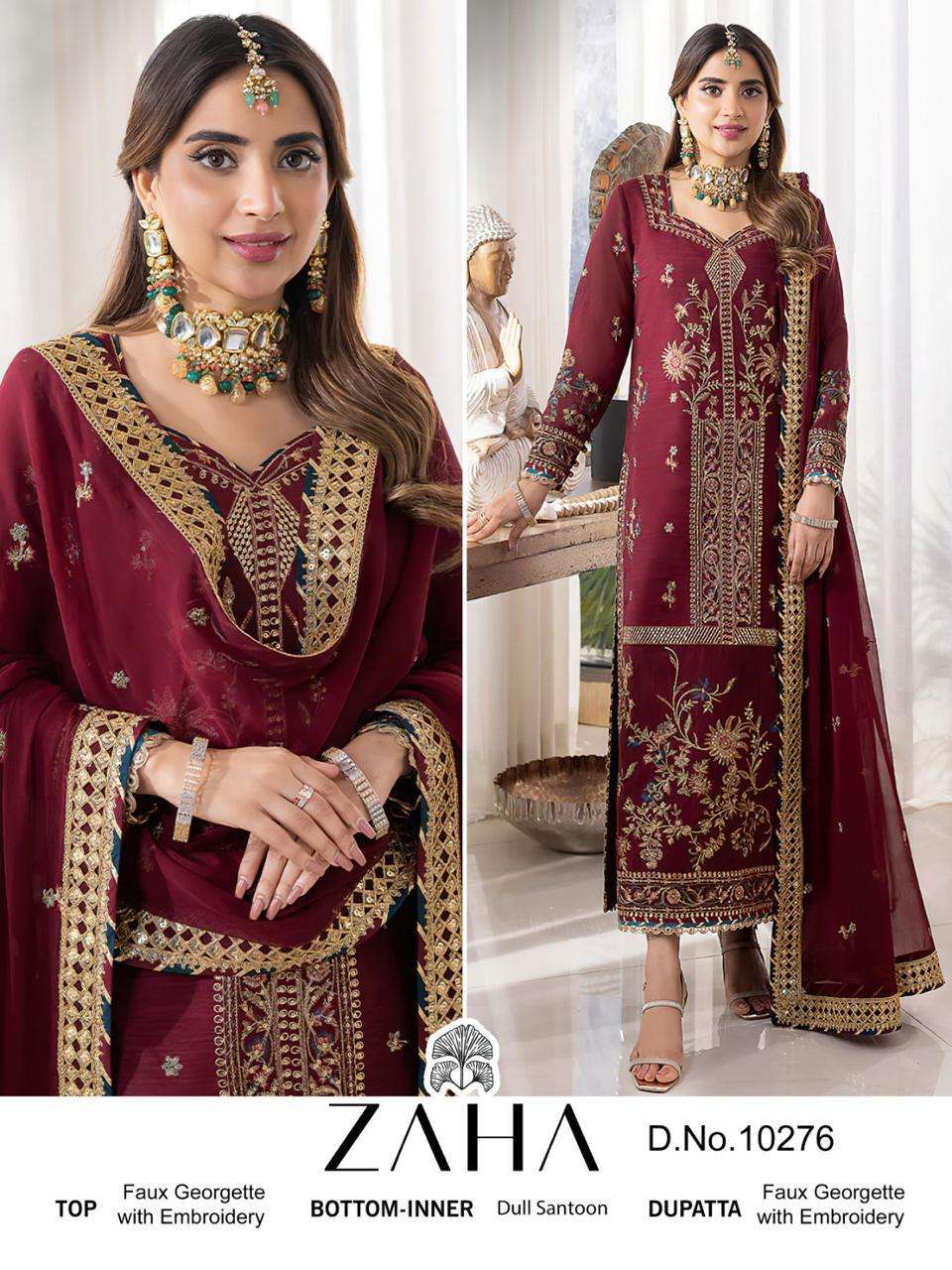 ZAHA 10276 GEORGETTE WITH EMBROIDERY WORK TRADITIONAL COLOUR PAKISTANI SUITS COLLECTION AT BEST WHOLESALE RATE
