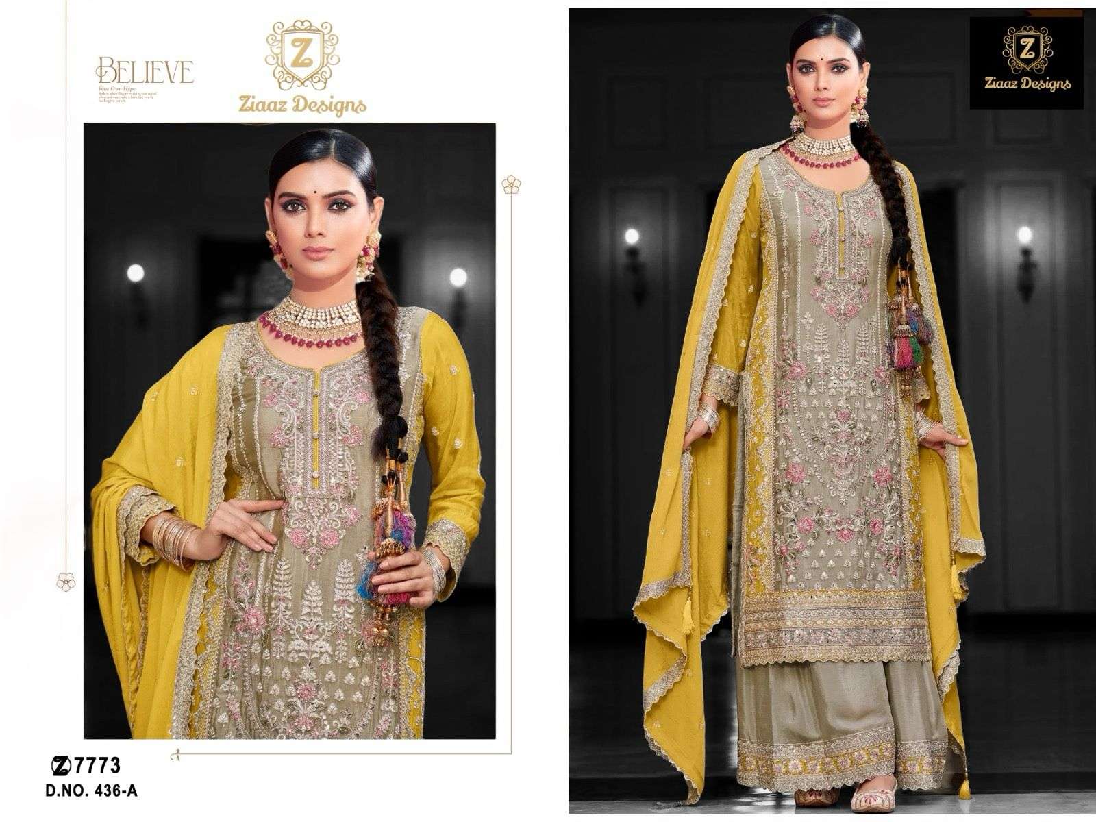 ZIAAZ 436 CHINON SILK WITH SEMISTICH EMBROIDERY WORK PAKISTANI SUITS COLLECTION AT BEST RATE