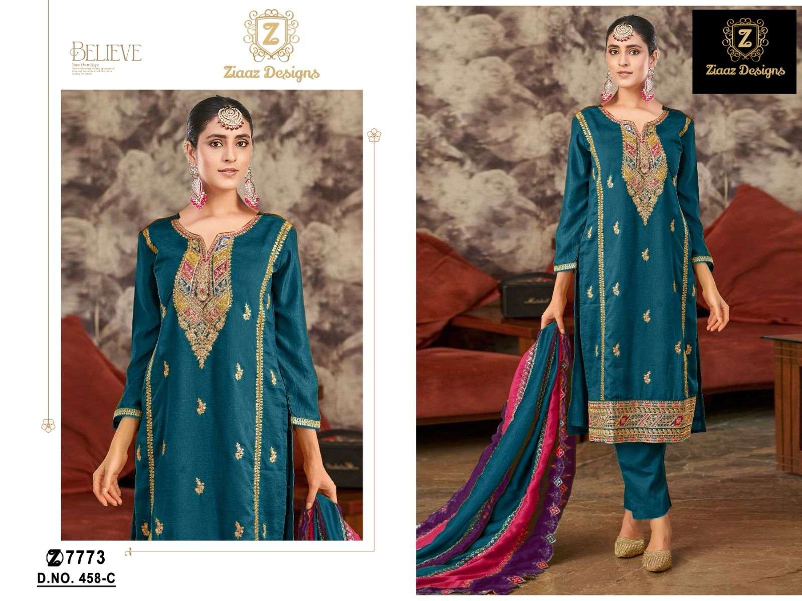 ZIAAZ DESIGNS 458 CHINON SILK WITH EMBROIDERY WORK SEMISTICH PAKISTANI SUITS COLLECTION AT BEST RATE