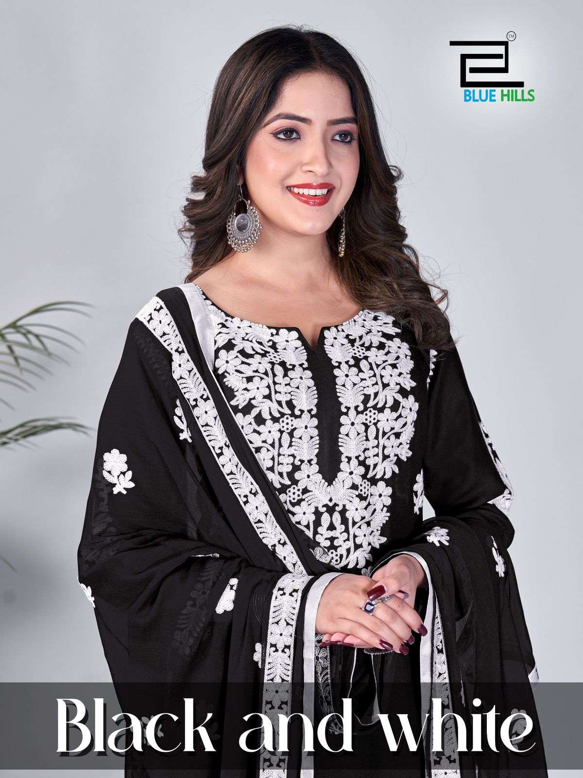 BLUE HILLS BLACK AND WHITE RAYON WITH FANCY LOOK READYMADE SUITS COLLECTION