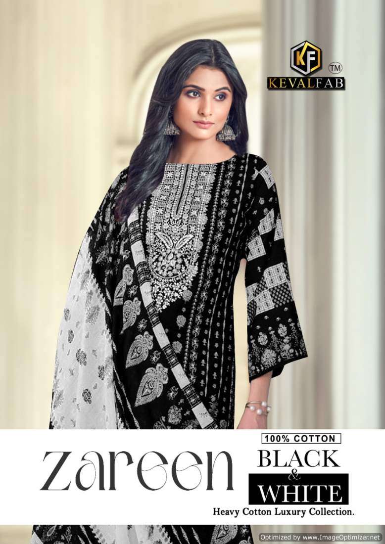 KEVAL ZAREEN BLACK AND WHITE COTTON PRINTED REGULAR WEAR SUITS