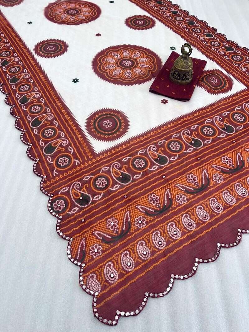 linen silk with bandhani printed mirror work saree