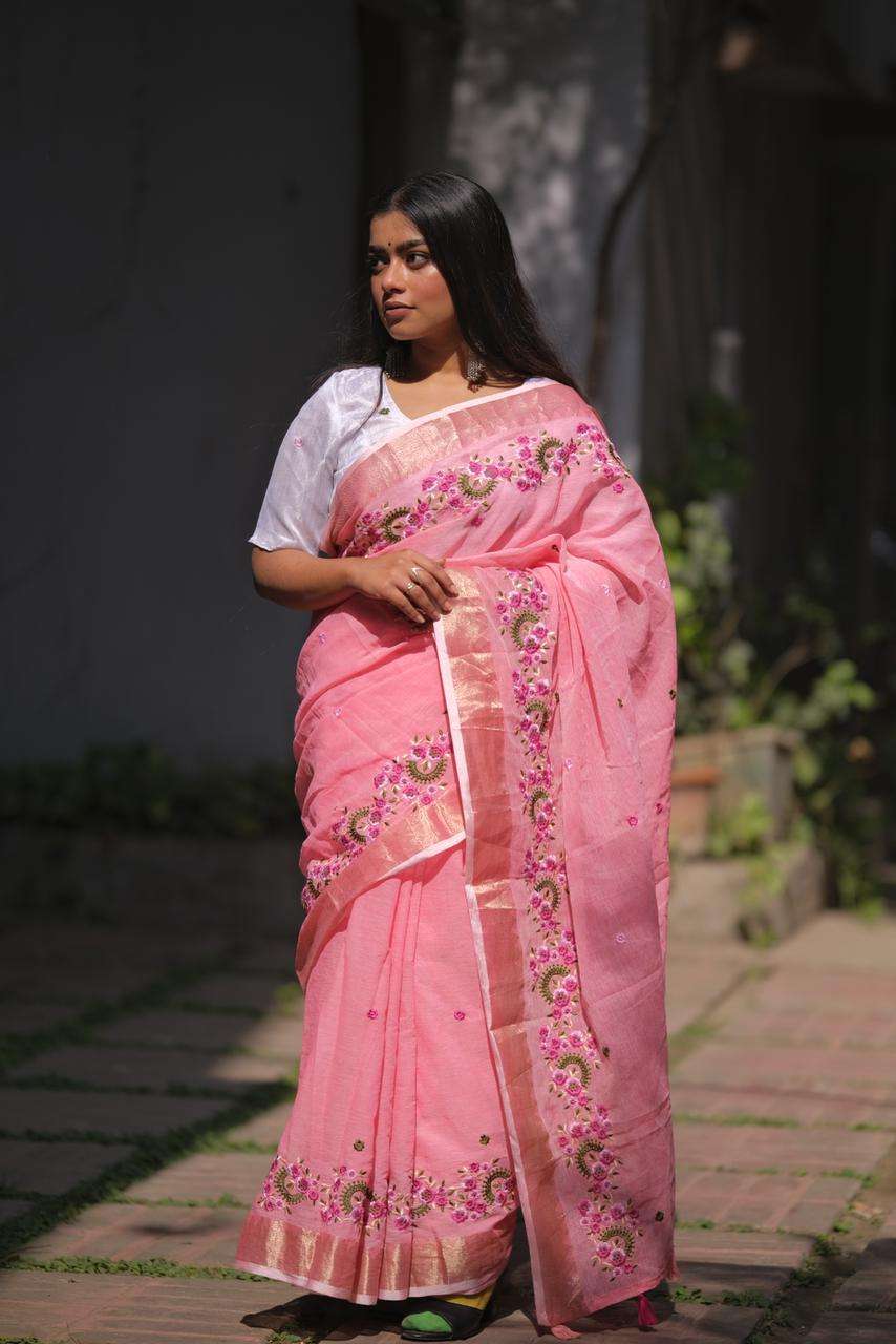 LINEN WITH MULTI EMBROIDERY WORK PARTY WEAR SAREE 