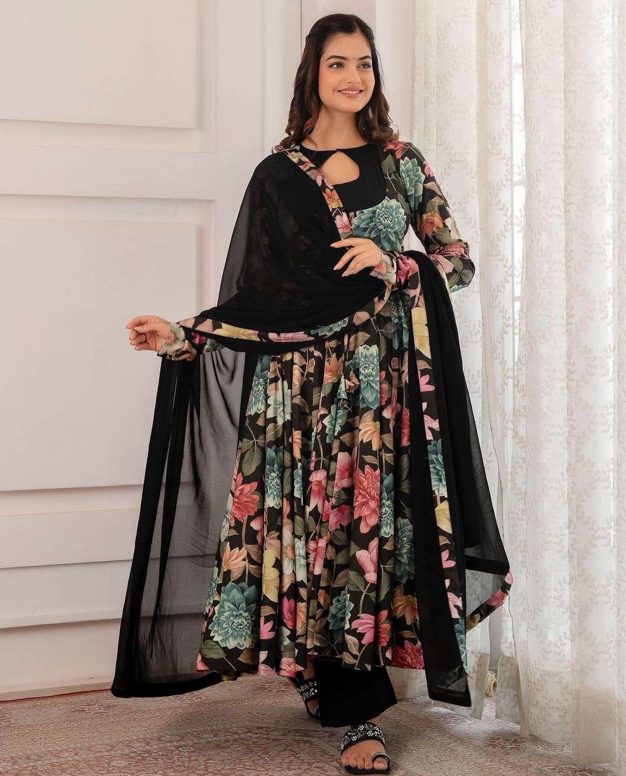 PARTY WEAR LOOK BLACK COLOUR ANARKALI STYLE READYMADE SUITS
