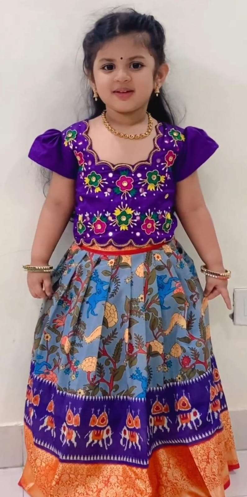 KIDS SPECIAL KALAMKARI PRINTED SILK DESIGNER LEHENGA CHOLI