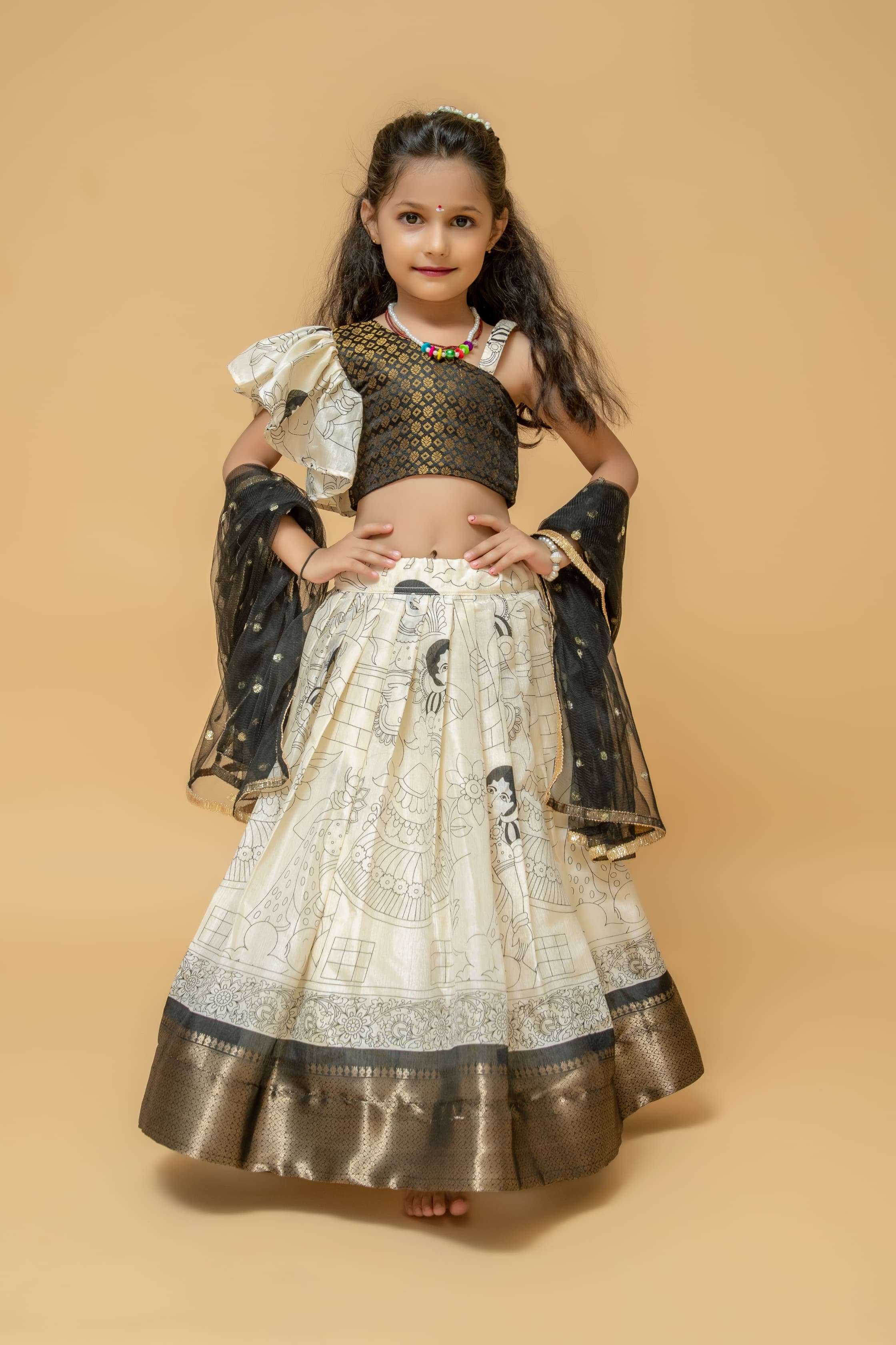 BLACK WHITE NYLON SILK WITH WEDDING SPECIAL KIDS LEHENGA CHOLI 