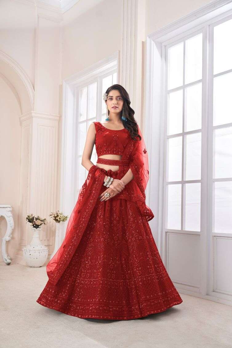 BRIDAL SPECIAL RED COLOUR NET WITH HEAVY DESIGNER LEHENGA CHOLI