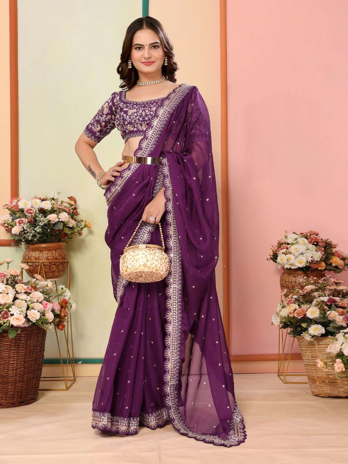 FANCY ORGANZA WITH EMBROIDERY WORK BORDER FANCY SAREE