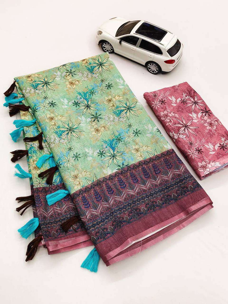 LINEN WITH FLOWER PRINTED FANCY SAREE 