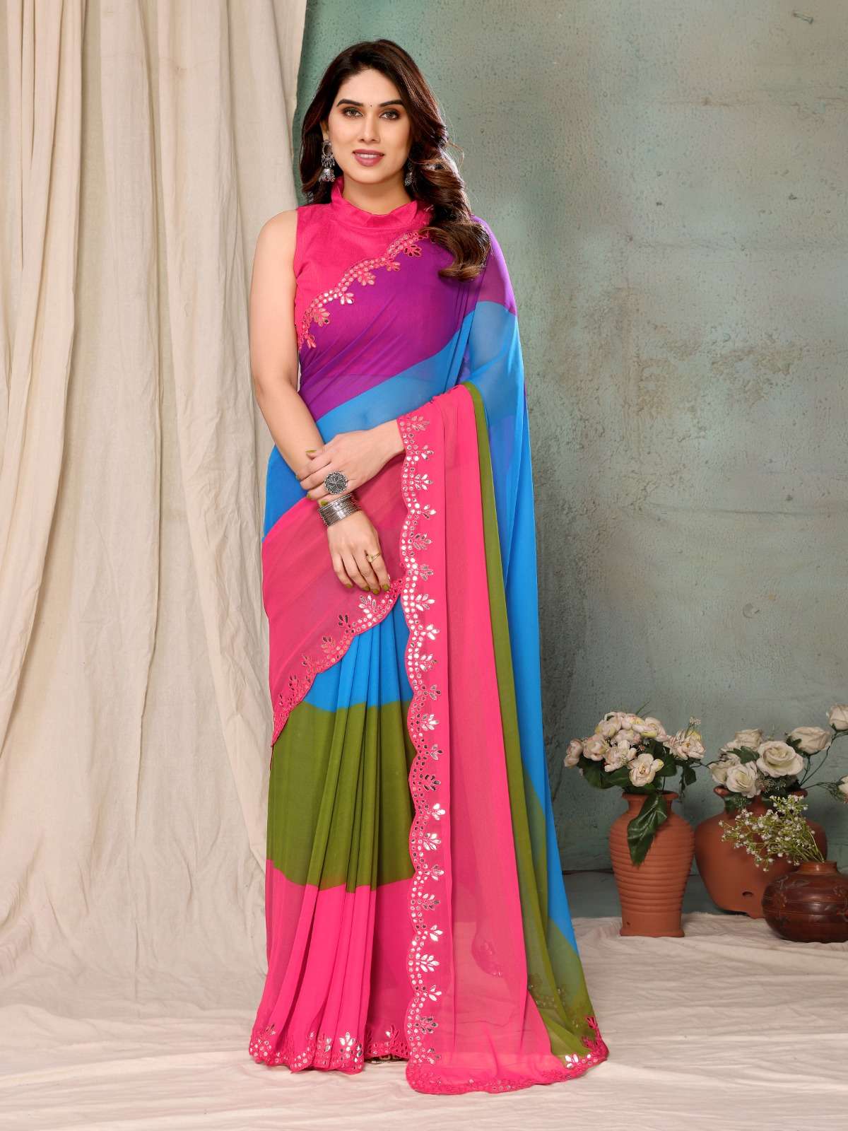 PARTY WEAR FANCY FABRICS WITH DESIGNER BORDER ATTECH SAREE