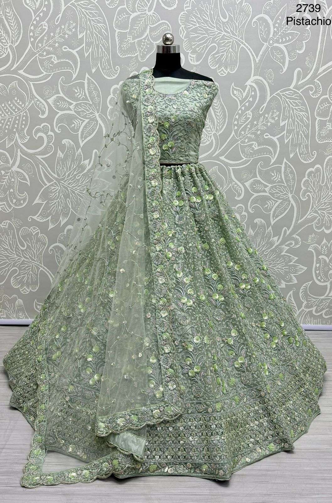 WEDDING SPECIAL PISTA COLOUR  NET WITH FULLY SEQUENCE WORK HEAVY LOOK LEHENGA CHOLI 